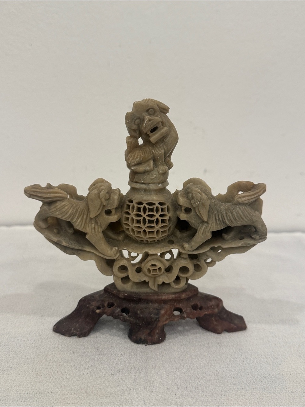 Vintage Chinese Hand-Carved Soapstone Foo Dog Incense Burner & Marble Base